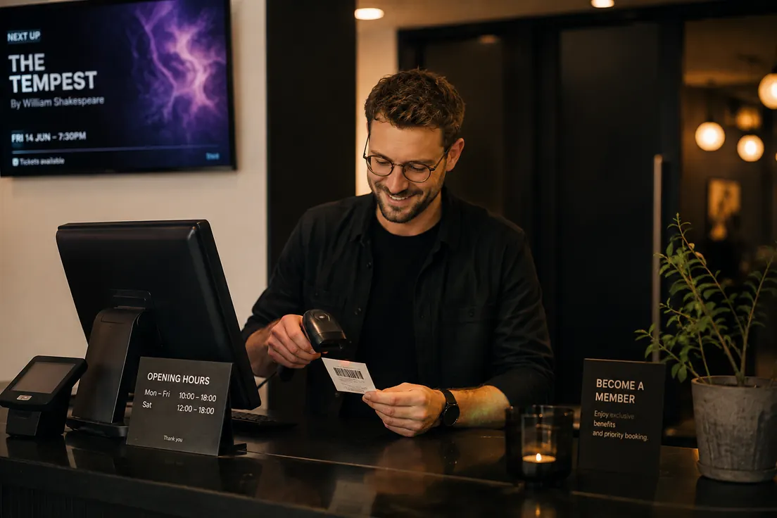 A host at a venue box office handing over a printed ticket