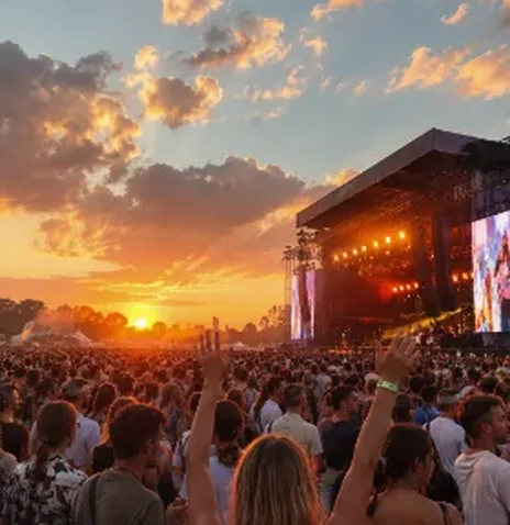 An open-air crowd in front of a lit stage at sunset