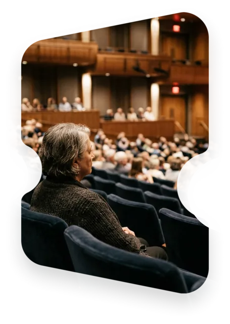 A guest in the stalls looking towards the stage of a full house, masked into the Entrello ticket mark