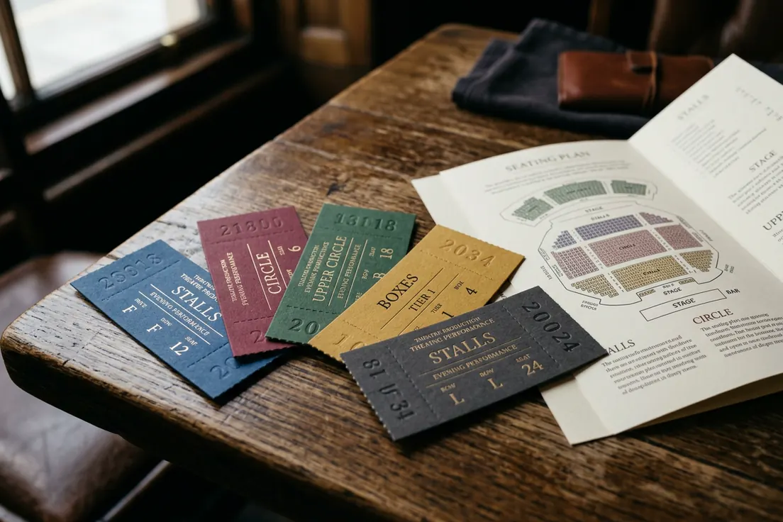 Printed tickets in four colours fanned out on a wooden table
