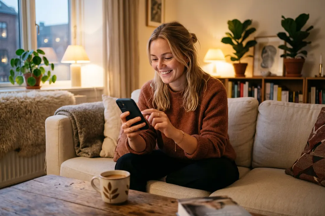 A guest booking tickets from her phone on the sofa at home