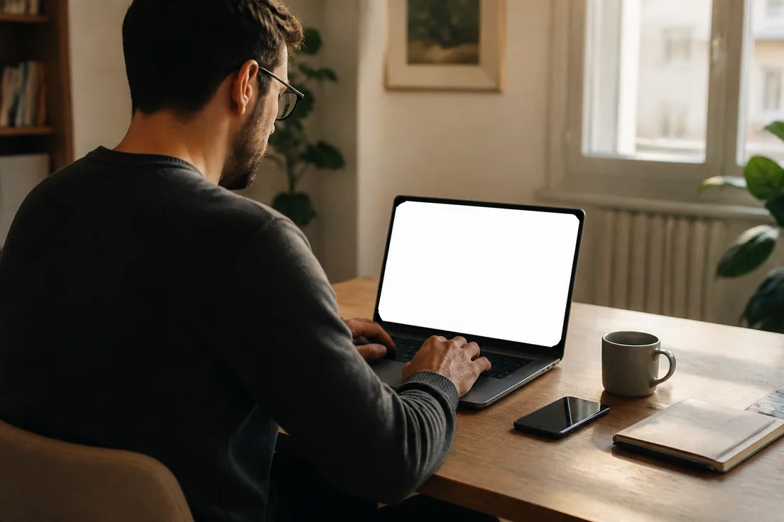 An organiser working on their ticket shop on a laptop at a kitchen table