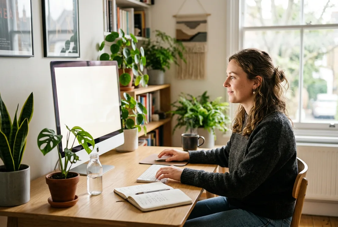 Someone at a desk by a window, working on their website
